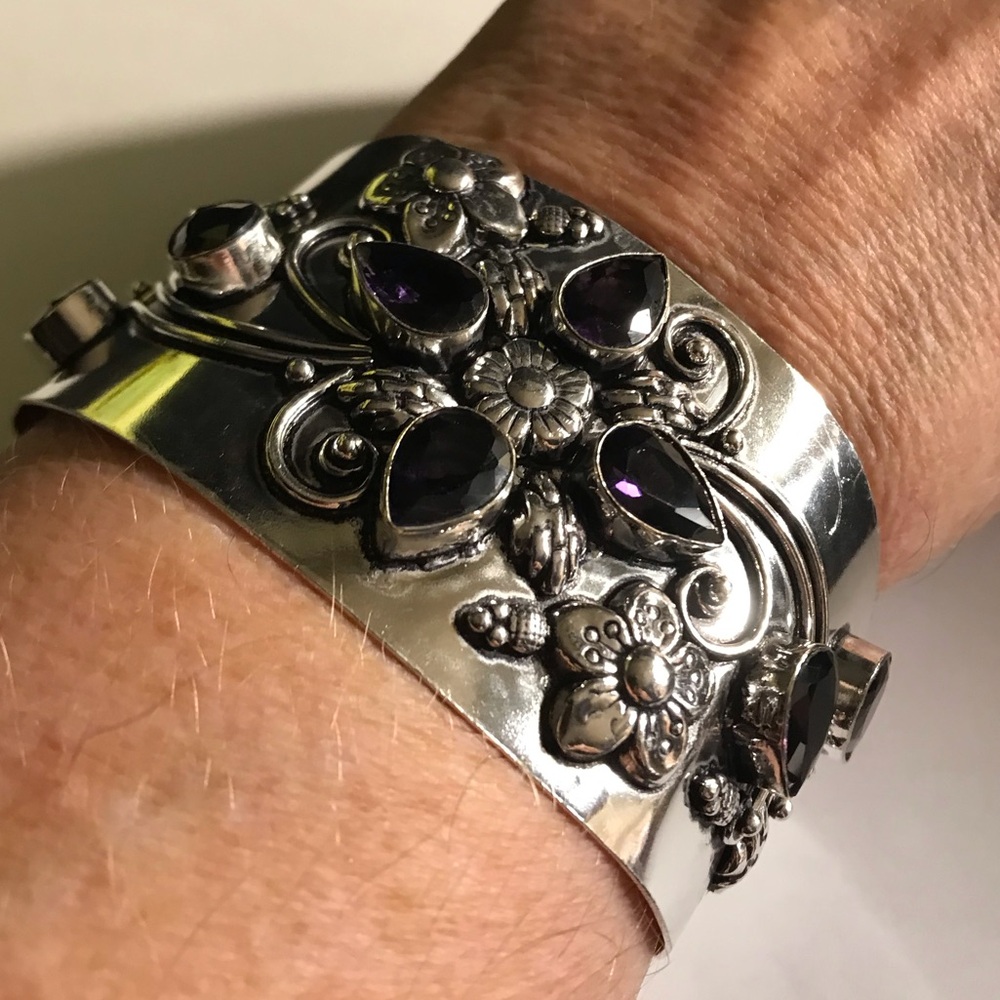 Amethyst Stamped Solid 925 Sterling Silver Cuff Bracelet